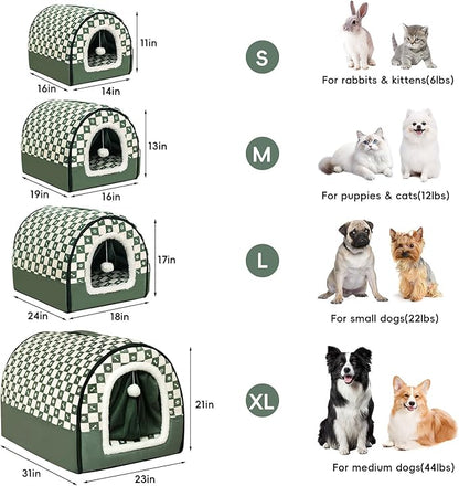 Dog House Indoor, Cozy Dog Cave Bed with Door Curtain, Cushion Mat, Removable and Washable Cover, Multi-Purpose Covered Dog Bed & Cat House for Kitten Puppy Rabbit