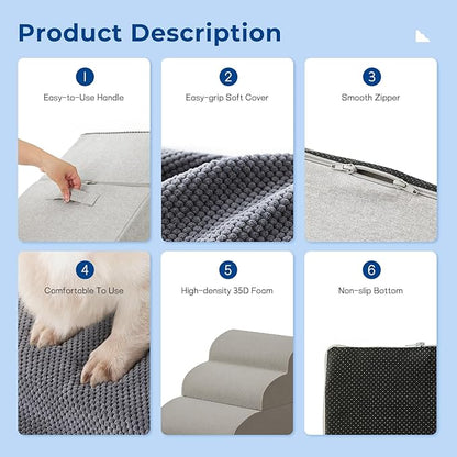 Dog Stairs for High Beds - Pet Stairs for Couch, 35D Foam Dog Steps for Small to Large Dogs with Non-Slip Bottom Dog Ramp Grey, 5 Steps, 2-in-1 Connected by Zipper