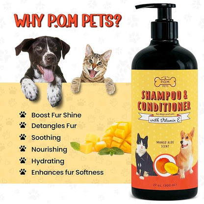 POM Pets 2-in-1 Organic Dog Shampoo & Conditioner – Itchy Skin Relief, Dog Deshedding, Detangles Fur, Cat Shampoo, Paw Cleaner for Dogs, Natural Coat Defense Formula