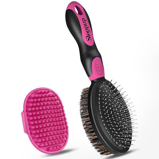 2PCS Dog Grooming Tools - Double-Sided Bath Brush for Shedding and Bathing, Suitable for Short/Long Haired Dogs, Premium Pet Supplies (Black Pink)
