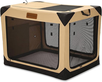 36 Inch Collapsible Soft Dog Crate for Large Dogs, 4-Door Foldable Travel Dog Kennel with Durable Mesh Windows for Indoor & Outdoor Portable Pet Crate, Soft Side Dog Crate, Beige