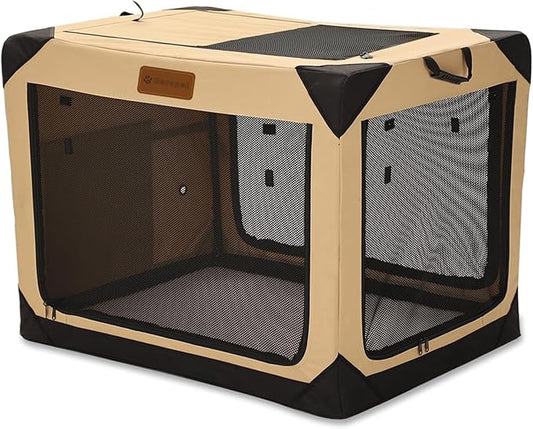 36 Inch Collapsible Soft Dog Crate for Large Dogs, 4-Door Foldable Travel Dog Kennel with Durable Mesh Windows for Indoor & Outdoor Portable Pet Crate, Soft Side Dog Crate, Beige