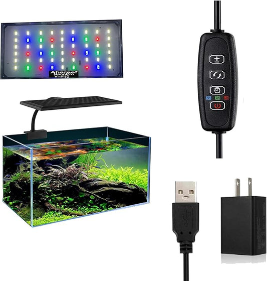 Clip-On Aquarium Light 10W Full Spectrum LED Nano Fish Tank Light with Timer & Dimmer and 3 Lighting Modes for Freshwater Plants & Tropical Fish Ideal for 8-20 Inch Tanks (3-8 Gallons)