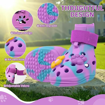 Dog Shoes for Hot Pavement, Adjustable Magic Tape Boots for Small, Medium & Large Dogs, Anti-Slip, Easy to Clean Paw Protectors for Beach, Outdoor & Hot Weather (Purple S)