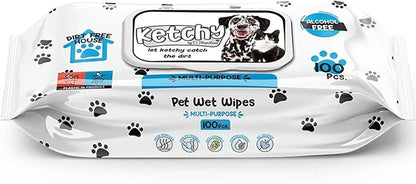 KETCHY Dog Wet Wipes, Multi-Purpose, Alcohol & PARABEN Free, Vitamin E, SULFATE Free, Dog, Cat and Pet Wipes, Odor Remover, Hypoallergenic, Skin PH Friendly - 100 PCS