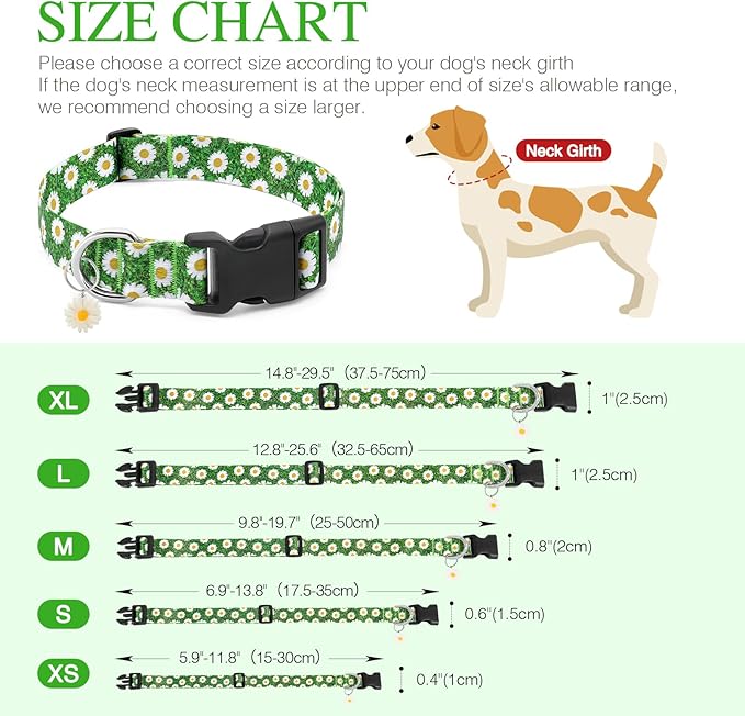 BiPawTi Green Dog Collars for Large Dog - St. Patrick's Day Dog Collars for Girls Dog, Cute Flower Spring Dog Collar with Daisies Charms, Gift for Female Male Boys Girls Dogs (L, Green)