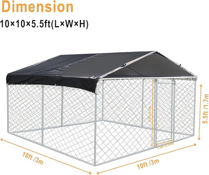 Large Outdoor Dog Kennel 9.8 x 9.8FT, Heavy Duty Outdoor Fence Dog Run, Dog Enclosure with Waterproof UV-Resistant Roof for Backyard Farm ESWE3029