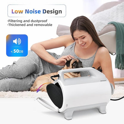 Entosun Dog Dryer, Pet Hair Dryer, 4.3hp/2800W Adjustable Speed and Temperature, High Velocity Dryer, Dog Blower Grooming Dryer with 4 Nozzles and Grooming Gloves (White)