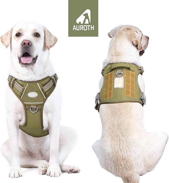 Auroth Tactical Dog Harness for Small Medium Large Dogs No Pull Adjustable Pet Harness Reflective K9 Working Training Easy Control Pet Vest Military Service Dog Harnesses M, Green