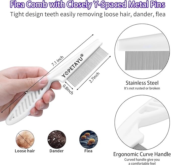 Dog Brush for Shedding, Self-Cleaning Slicker, 4 PCS Kit with Bath Brush, Flea & Steel Combs, Ideal for Short & Long Haired Pets, Removes Mats, Tangles, Fur, Gentle on Skin. Purple