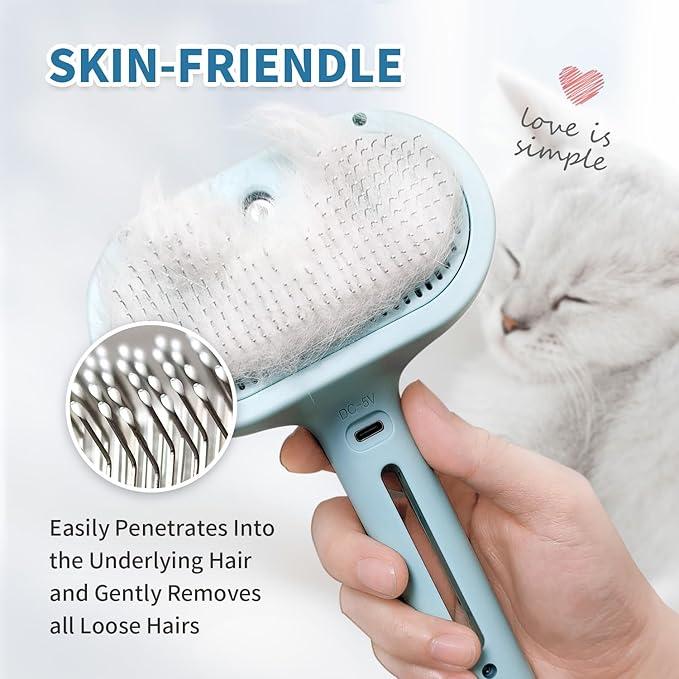 Spray Cat Brush for Shedding, Static & Tangled Hair - Self Cleaning, Long & Short Hair Pets Grooming Brush (Blue)