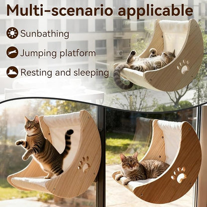 Cat Window Perch Hammock Bed for Indoor Cats Wooden Moon Cat Shelves with Strong Suction Cup Cat Furniture for Sleep Watch Birds Sunbathing Soft Warm Pet Bed