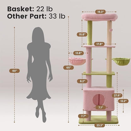 Gardner Pet 65in Heavy Duty Cat Tree Tower for Large Cats, Multi-Level Cat Furniture with Replaceable Sisal Scratching Post, Hammock | Extra-Large Platform & Condo (Pink&Green, Basic φ:2.84")