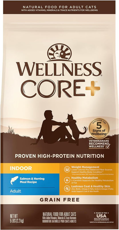 Wellness CORE+ Adult Dry Cat Food for Indoor Cats, Grain-Free, Natural, Salmon and Herring Meal (5 Pound Bag)