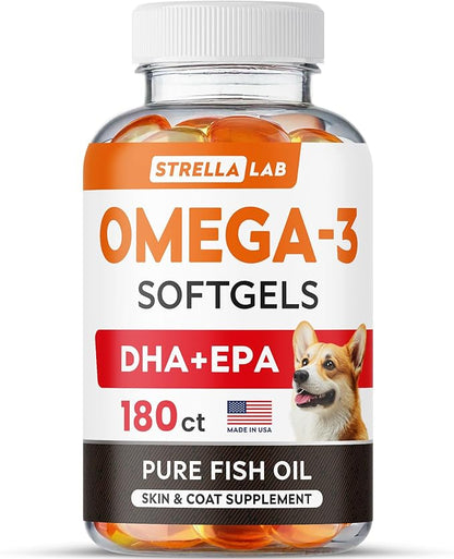 StrellaLab Omega 3 Fish Oil Pills for Dogs (180 Ct) - No Fishy Smell Softgels - EPA + DHA Fatty Acids Reduce Shedding&Itching - Supports Joints, Brain, Heart&Overall Health - EPA&DHA Fatty Acids - USA
