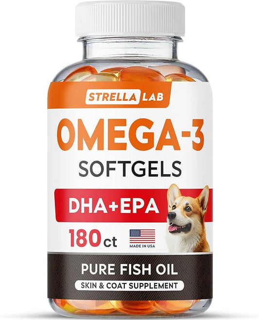 StrellaLab Omega 3 Fish Oil Pills for Dogs (180 Ct) - No Fishy Smell Softgels - EPA + DHA Fatty Acids Reduce Shedding&Itching - Supports Joints, Brain, Heart&Overall Health - EPA&DHA Fatty Acids - USA