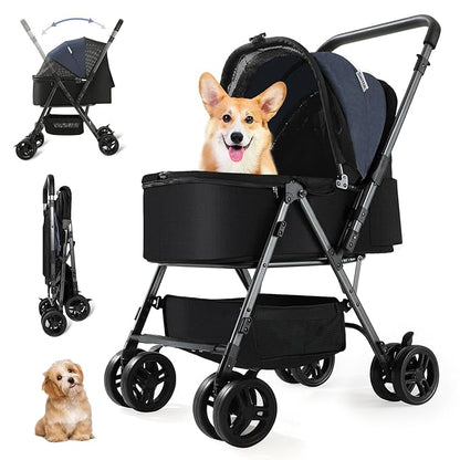 SWITTE Dog Stroller for Small Medium Dogs, Foldable Cat Pet Stroller with Reversible Handlebar, 4 Universal Wheels, Portable Puppy Dog Jogging Stroller with Waterproof Pad, Blue