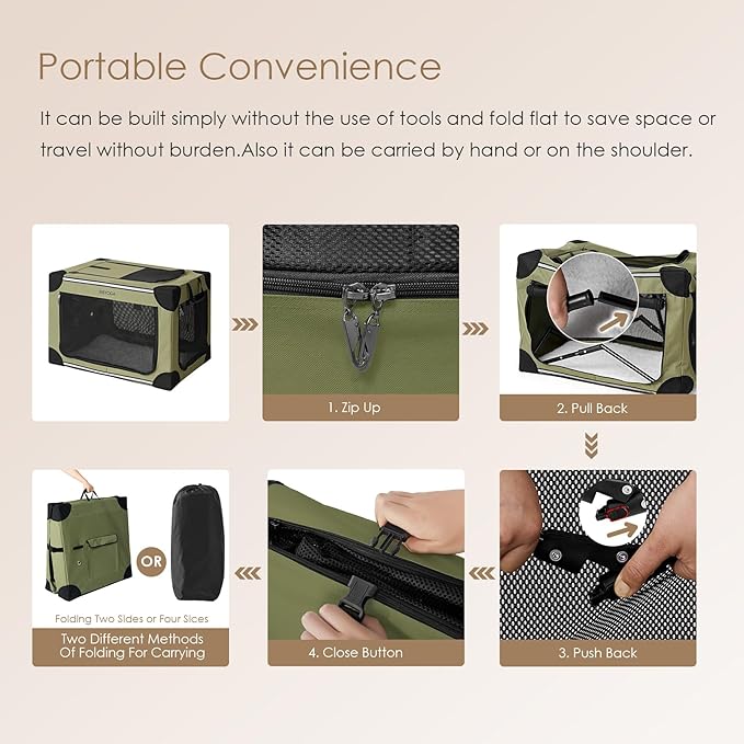 EHEYCIGA Collapsible Dog Crate 36 Inches, Portable Travel Crate for Large Dogs, Soft Foldable Pet Kennel with 4-Door Mesh Windows Indoor & Outdoor, Green