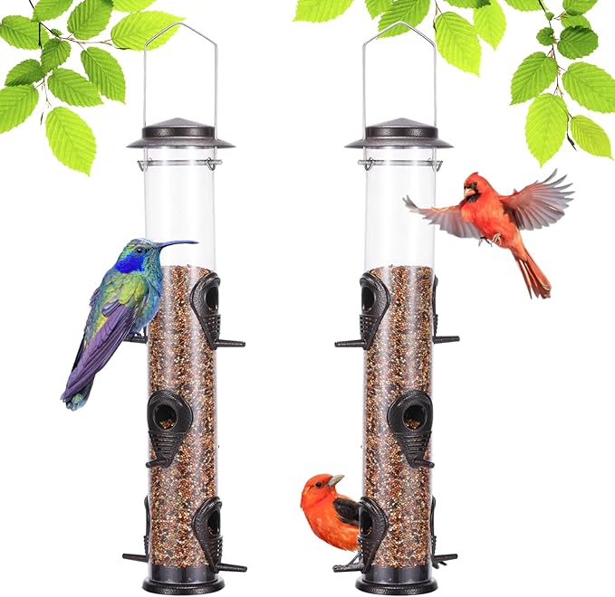 MIXXIDEA 2PK Metal Wild Bird Feeder Squirrel Proof Bird Feeders for Outside Hanging 6 Port Tube Bird Feeder Transparent Finch Feeder with Steel Hanger (Coffee)