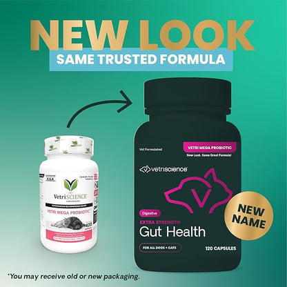 VetriScience Extra Strength Gut Health Easy-Open Capsules, Mega Probiotic and Prebiotic Digestive Supplement for Dogs and Cats, for Diarrhea and Immune Support, 7.5 Billion CFU Per Capsule, 120 Count