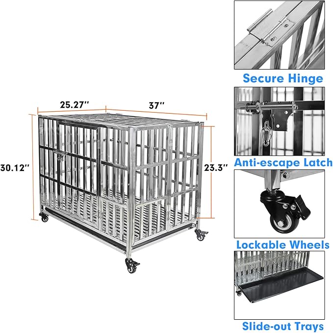 37" Heavy Duty Pet Kennel Stackable Stainless Steel Dog Crate Foldable Indestructible Dog Cage Playpen with Lockable Rolling Wheels, Double Door and Removable Tray for Small and Medium Dogs
