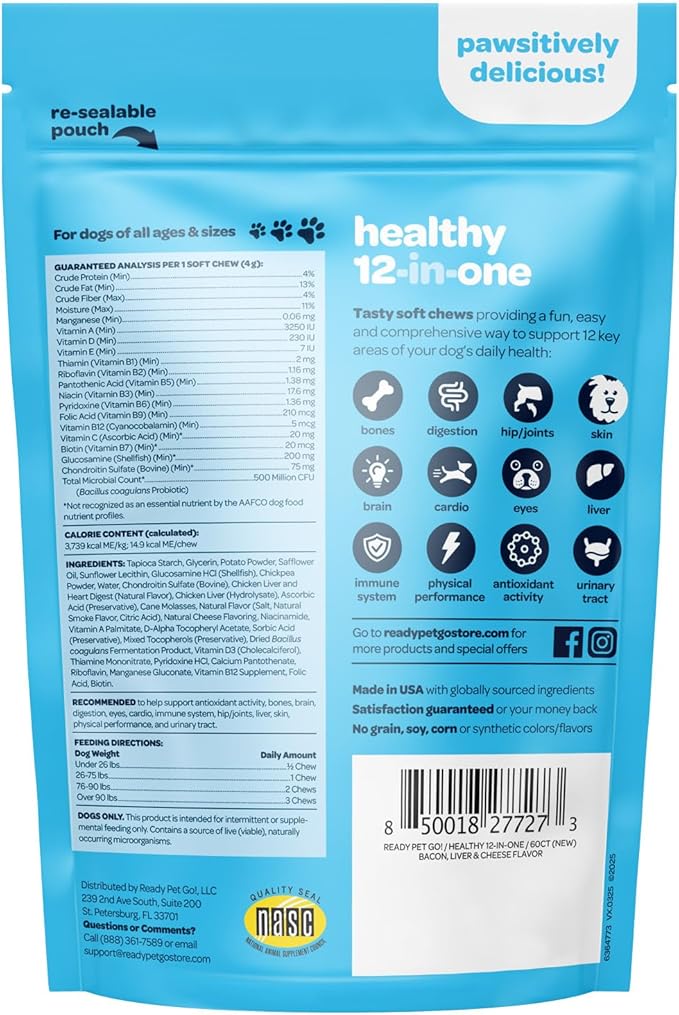 12-in-1 Complete Multivitamin for Dogs | Dog Multivitamin Chewable with Glucosamine Chondroitin & Digestive Probiotics for Dogs of All Ages and Sizes | NASC Certified & Made in The USA | 60 Chews