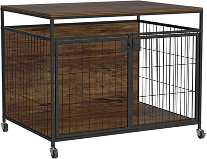 Dog Crate Furniture for Large Dogs, Wooden Dog Kennel with Double Doors, Heavy Duty End Table Dog Crate for Dogs Indoor, Rotating Wheels or Foot Pads,39.4" L x 28.3" W x 31.7" H