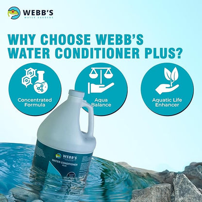 Webbs Water Gardens Water Conditioner Plus - Fish Safe, Heavy Metal Detoxifier and Dechlorinator for Freshwater and Marine Aquatics - 128 Fluid Ounces