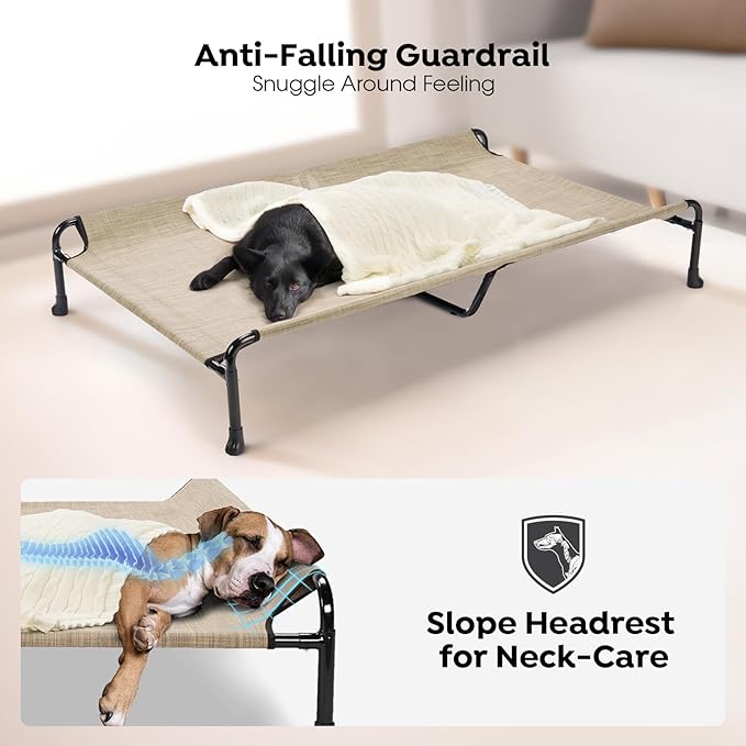 Veehoo Cooling Elevated Dog Bed, Raised Dog Beds for Large Dogs, Outdoor Dog Bed with Guardrail, Upgraded Non-Slip Feet, Breathable Teslin Mesh, Portable Camping Dog Cot, 53 x 33 Inches, Beige Coffee