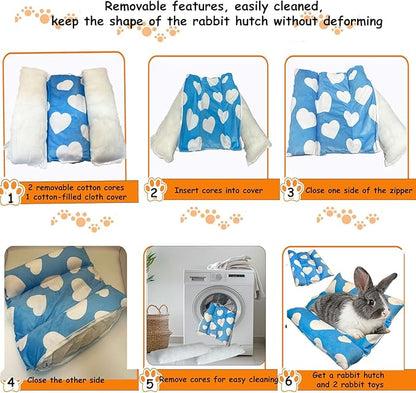 16.5 X 18in Removable and Washable Soft Rabbit Bed, Thickened and Softer Bunny Bed, Double-Sided Plush Rabbit Beds,Rabbits Concave Bed,Small Beds for Animals Indoor,Blue