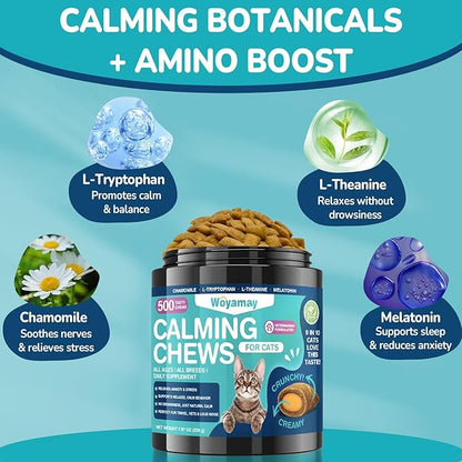 Cat Calming Treats, 500 Crunchy & Creamy Calming Chews for Cats, Natural Calming Cat Treats to Manage Stress & Anxiety, Tasty Calm Chews Supplement, Chicken Flavor