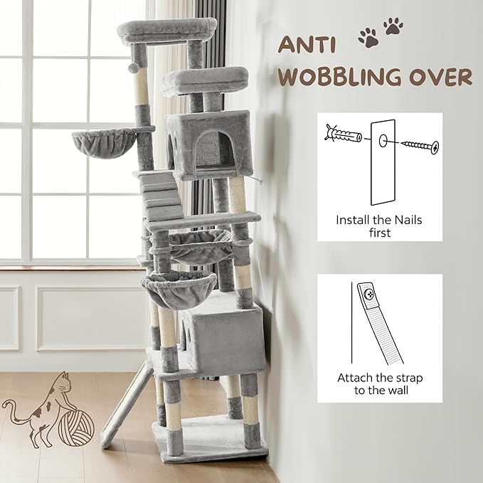 Cat Tree, 80-Inch Large Cat Tower with 9 Scratching Posts, 2 Perches, 2 Caves, 2 Basket, 2 Stairs, Extra Large Hammock, Pompoms, Multi-Level Plush Cat Condo for Indoor Cats/Light Grey