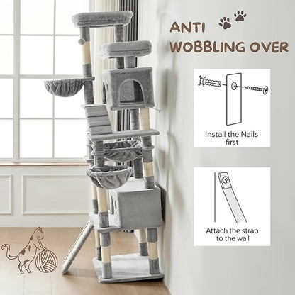 Cat Tree, 80-Inch Large Cat Tower with 9 Scratching Posts, 2 Perches, 2 Caves, 2 Basket, 2 Stairs, Extra Large Hammock, Pompoms, Multi-Level Plush Cat Condo for Indoor Cats/Light Grey