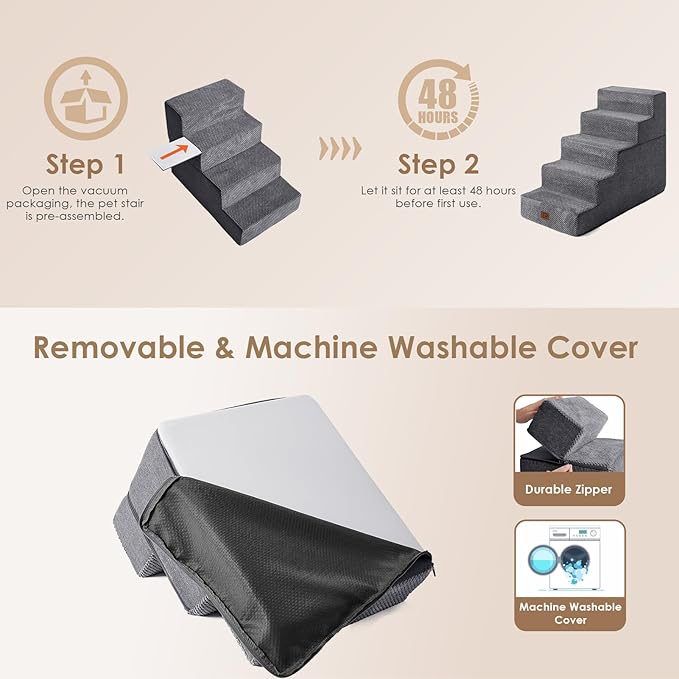 EHEYCIGA Dog Stairs Ramp for High Bed 22.5”H, 5-Step Dog Steps for Bed, Pet Steps for Small Dogs and Cats, Non-Slip Balanced Dog Indoor Ramp, Grey