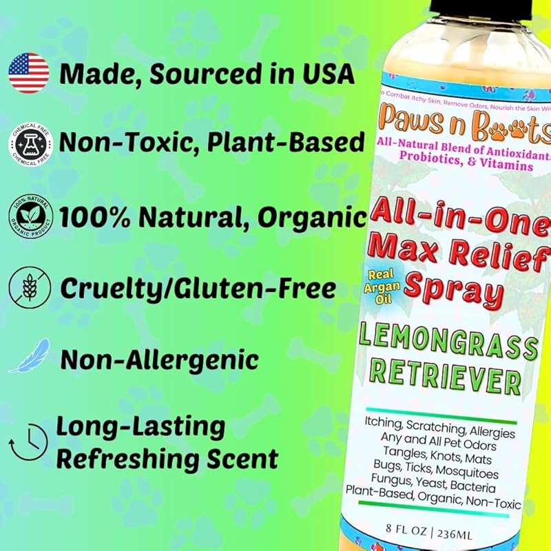 All-in-One Dry Shampoo Spray  100% Natural, Plant-Based. Removes All Pet Odors, Tangles, & Mats. Fast Relief for Itching, Inflammation. Safe to Use on Toys, Clothes, Furniture, Pets. Tear Free. Lemongrass