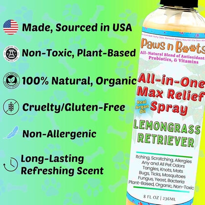 All-in-One Dry Shampoo Spray  100% Natural, Plant-Based. Removes All Pet Odors, Tangles, & Mats. Fast Relief for Itching, Inflammation. Safe to Use on Toys, Clothes, Furniture, Pets. Tear Free. Lemongrass