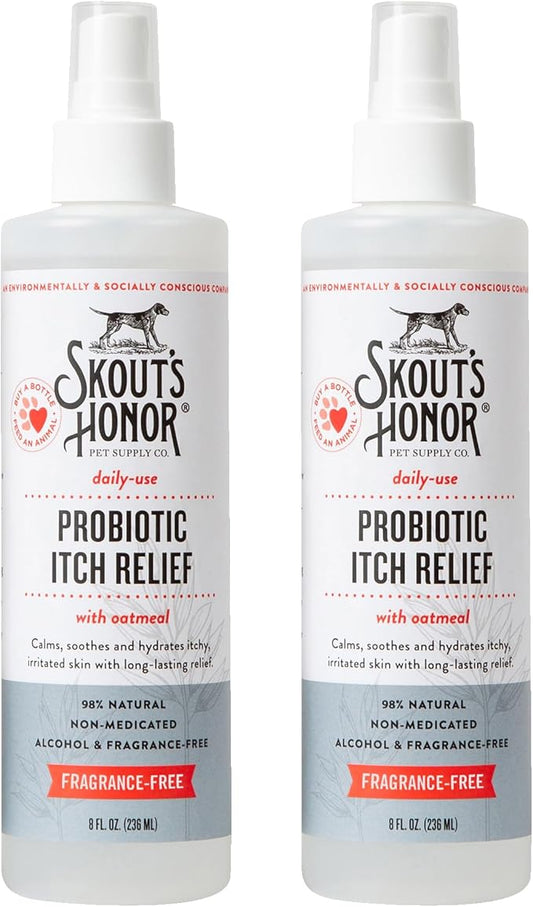 SKOUT'S HONOR Probiotic Itch Relief Spray for Pets - Non-Medicated, Fragrance-Free, Natural, Vegan, Long-Lasting Relief, with Soothing Oatmeal, 8 oz, 2-Pack