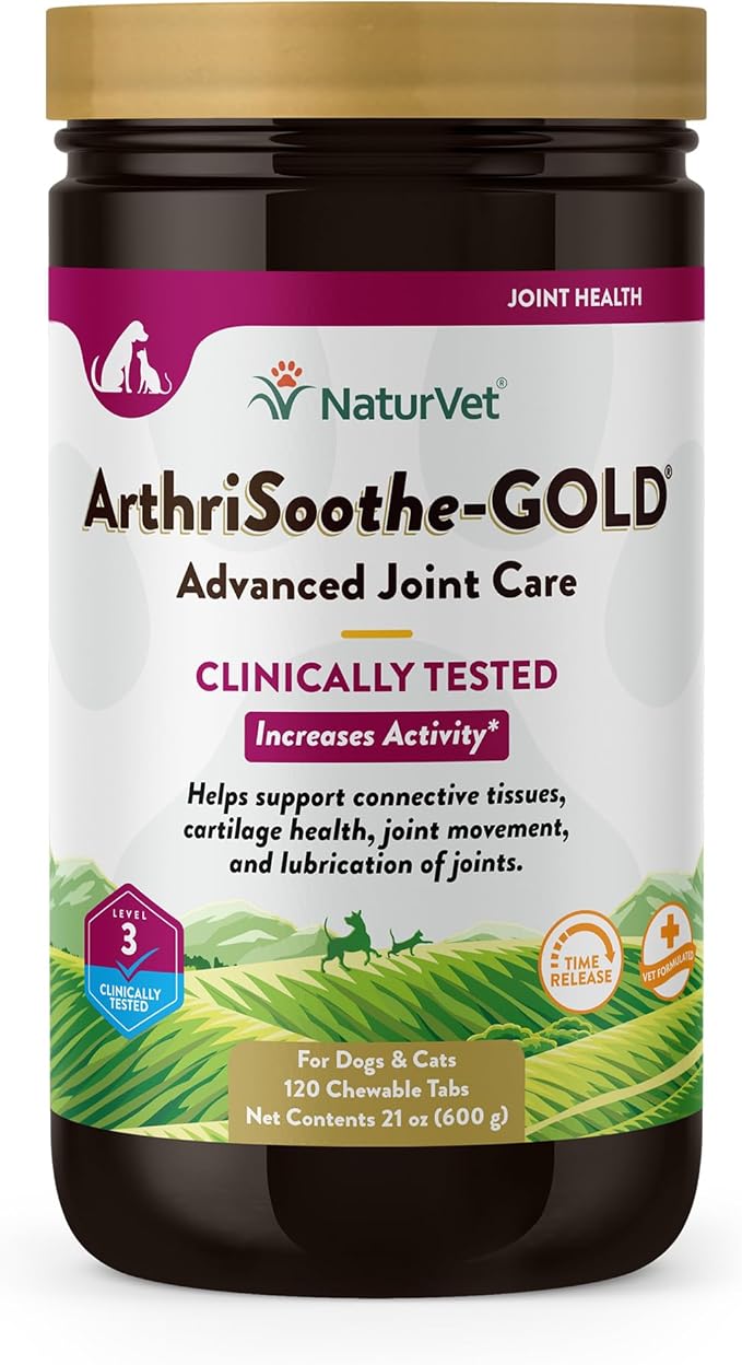 NaturVet  ArthriSoothe-GOLD  Level 3 Advanced Joint Care | Clinically Tested to Support Connective Tissue, Cartilage Health & Joint Movement | Enhanced with Glucosamine, MSM, Chondroitin & Green Lipped Mussel | For Dogs & Cats | 120 Chewable Tablets