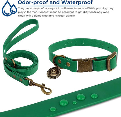 Wisedog Dog Collar and Leash Set, Waterproof Adjustable Puppy Collars with Cute Tag 6FT Dog Leash with Poop Bag for Small Medium Large Dogs (XL, Deep Green)