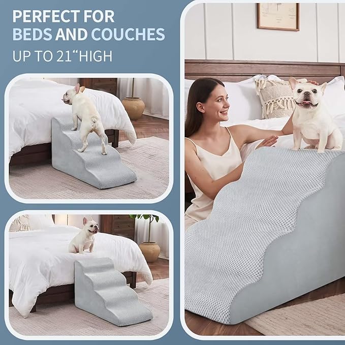 BOMOVA Dog Stairs for Small Dogs, 4-Step Dog Steps for Bed and Couch, High Density Foam Pet Stairs for Small Dogs and Cats, Non-Slip Bottom Dog Ramp, Light Grey, 2/3/4/5 Steps