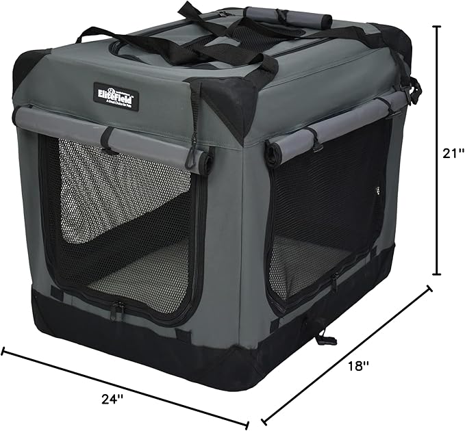 EliteField 4-Door Folding Soft Dog Crate with Curtains, Carrying Bag and Fleece Bed (2 Year Warranty), Indoor & Outdoor Pet Home (24" L x 18" W x 21" H, Gray+4 Door Curtains)