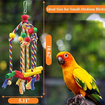 2 Pack Dangly Rope Bird Toys, Parakeet & Conure Toys with Multicolored Natural Wood, Chewing Toy Hanging Bird Cage Accessories for Parakeet Conure Cockatiel Parrot Lovebird