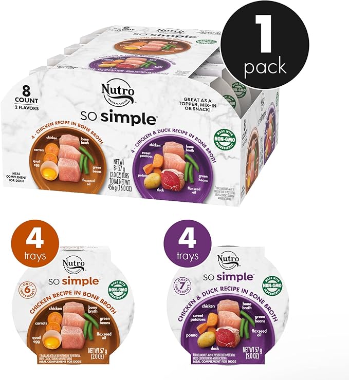 Nutro So Simple Meal Complement Wet Dog Food Chicken and Chicken & Duck Recipes in Bone Broth 8-Count Variety Pack, 2 oz. Tubs