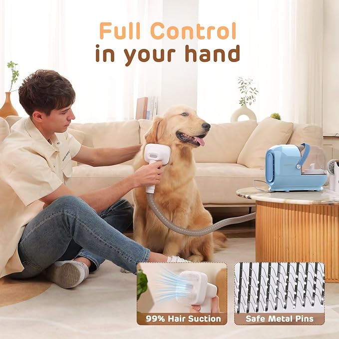 Dog Grooming Vacuum Kit - 3L Vacuum with 7 Tools, Low Noise Electric Clipper and Brush for Pet Shedding at Home, Blue