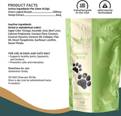 Sunmed Movin' Easy Hemp Pet Chews for Joint Health & Mobility  Omega-3, Green Lipped Mussels, 5mg Hemp Extract  Supports Flexibility & Comfort | Beef Liver & Sweet Potato, 40 Count