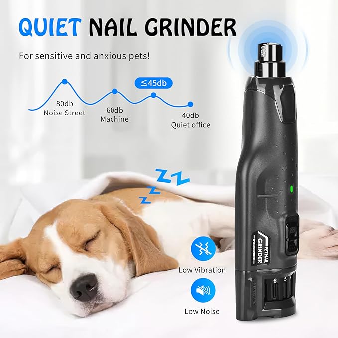 Dog Nail Grinder Quiet Low Vibration, 6 Speed Pet Nail Grinder with 2 LED Lights for Large Medium Small Dogs Cats, Professional 3 Ports Rechargeable Electric Dogs Nail Trimmer (Grey)