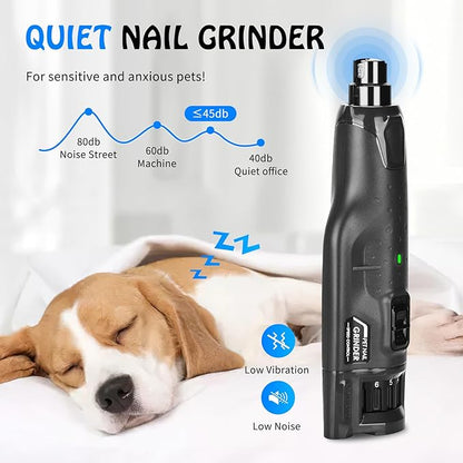 Dog Nail Grinder Quiet Low Vibration, 6 Speed Pet Nail Grinder with 2 LED Lights for Large Medium Small Dogs Cats, Professional 3 Ports Rechargeable Electric Dogs Nail Trimmer (Grey)