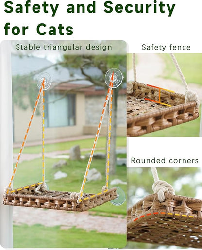 Cat Window Perch Cat Window Hammock Bed for Indoor Cats, Large Handwoven PE Rattan Window Seat, 4 Suction Cups, Double Sided Washable Cushion Bed, 2.3 Inch Fence Shelf, for Pet Kittens Natural