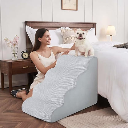 BOMOVA Dog Stairs for Small Dogs, 4-Step Dog Steps for Bed and Couch, High Density Foam Pet Stairs for Small Dogs and Cats, Non-Slip Bottom Dog Ramp, Light Grey, 2/3/4/5 Steps