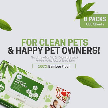 MED PRIDE 100% Bamboo Fiber Hypoallergenic Dog Wipes for Paws and Butt, Alcohol & Paraben-Free, Deodorizing, 8_8, 800 Wipes